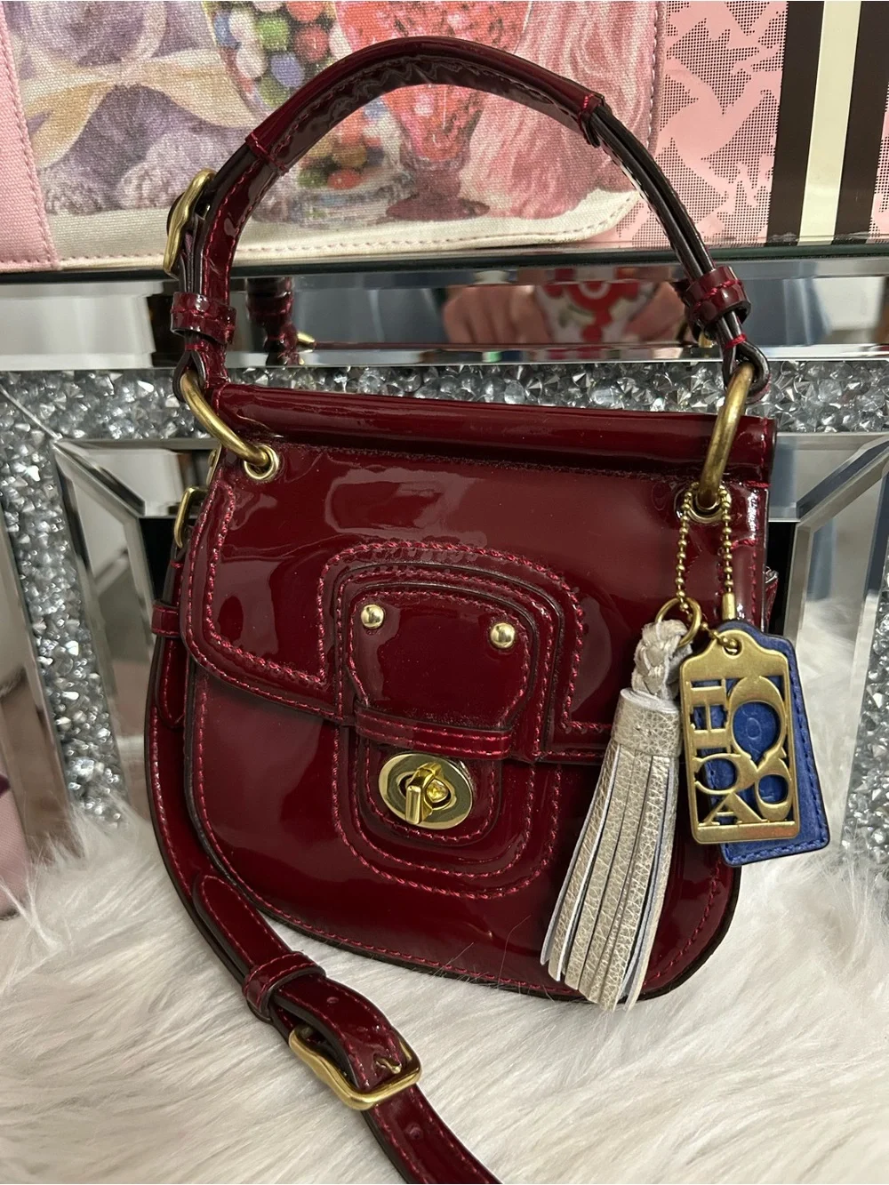 Coach Willis Crimson Red Patent Leather Mini Satchel Crossbody Legacy Lining HTF